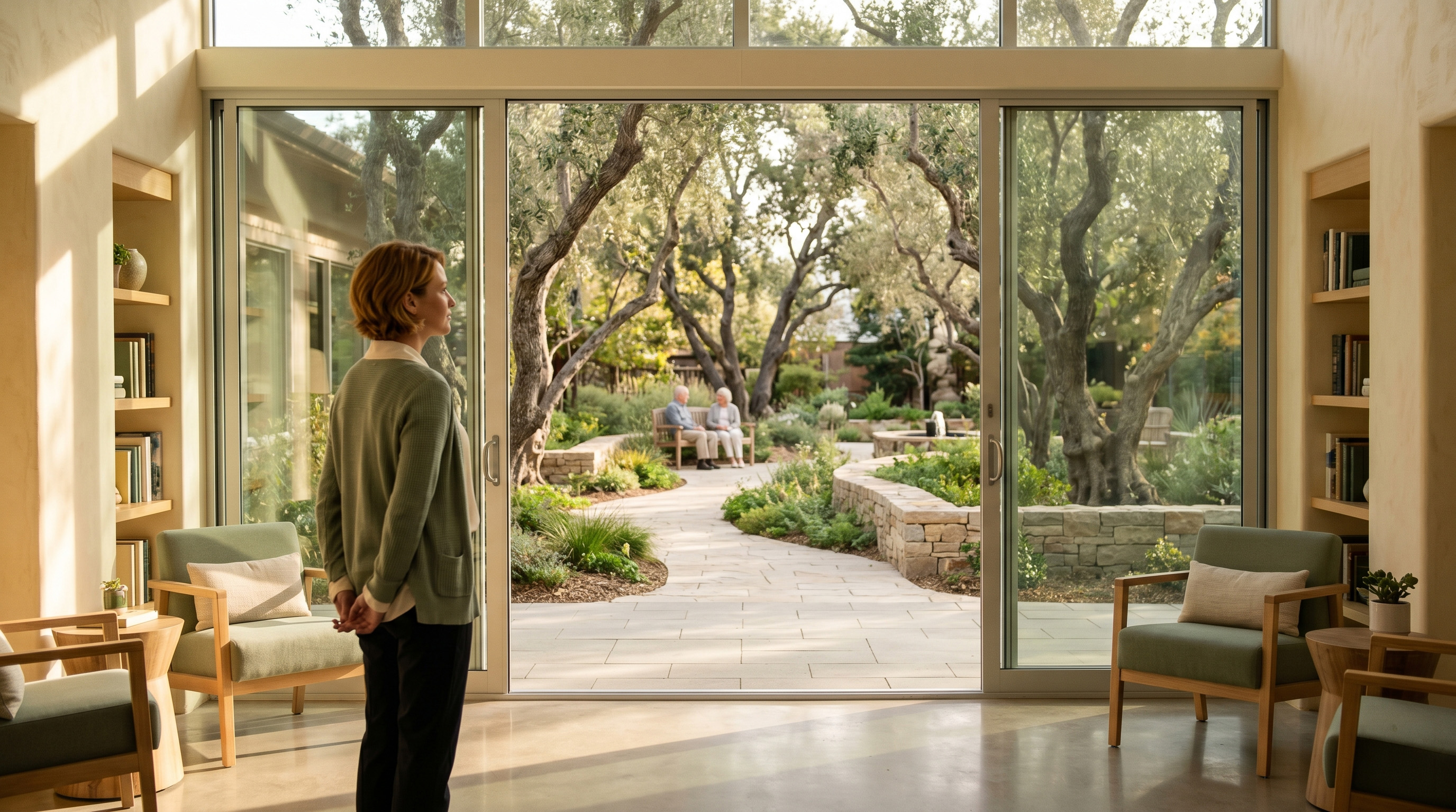Care professional looking out over a care community garden
